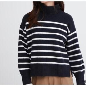 Banana Republic Sweater Women's Small Navy Striped Merino Wool Blend Mock Neck